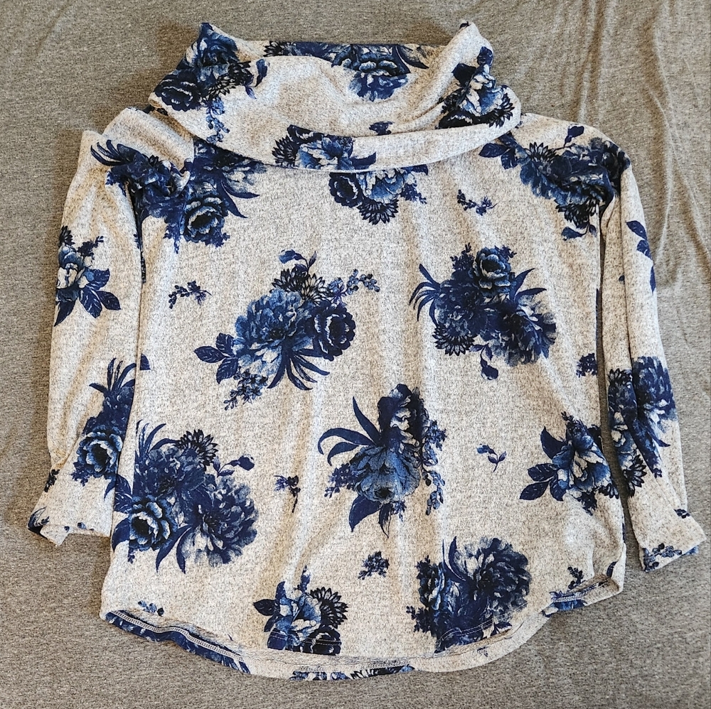 Apt 9 - Womens Large Gray & Blue Floral Print Cowl Neck Sweater